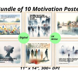 Könnte beinhalten: Ein Set aus zehn gerahmten digitalen Motivationspostern. Jedes Poster zeigt eine Aquarellillustration und ein inspirierendes Zitat. Die Rahmen sind aus hellem Holz. Größe: 28 x 36 cm, 300+ DPI.