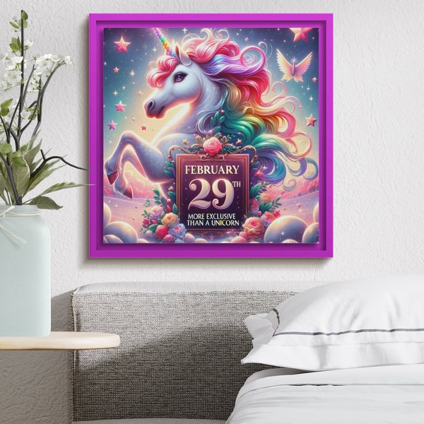 February 29 Leap Year Unicorn Digital Poster, Colorful Rainbow Mane, Birthday Unique Celestial Fantasy Art, Printable Wall Decor