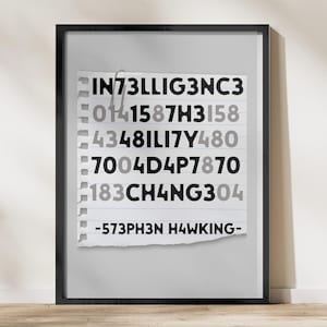May include: A black and white framed print on a white background with the text "INT3LLIG3NC3 0141587H3158 43481L17Y480 7004D4P7870 183CH4NG304 -573PH3N H4WKING-"