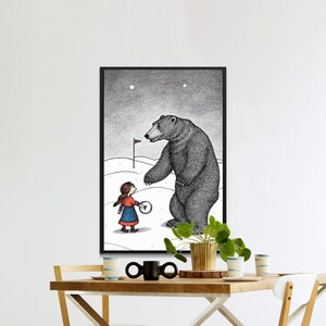 Bear And Girl Cartoon Drawing, Pencil Drawing Wall Art Printable JPEG, Digital Download Nursery Decor