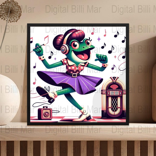 50s Retro Frog Dance JPEG, Vintage Jukebox Party Illustration, Digital Download, frogful jpg, cute frog girl