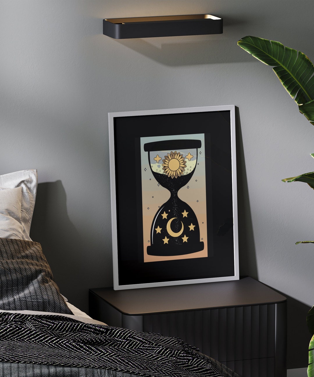 Boho Hourglass Digital Print, Celestial Sunflower Art, Moon Stars Sand ...