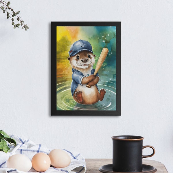 Playful Otter Baseball Player Digital Print, Colorful Kids Room Wall Art, Whimsical Animal Illustration