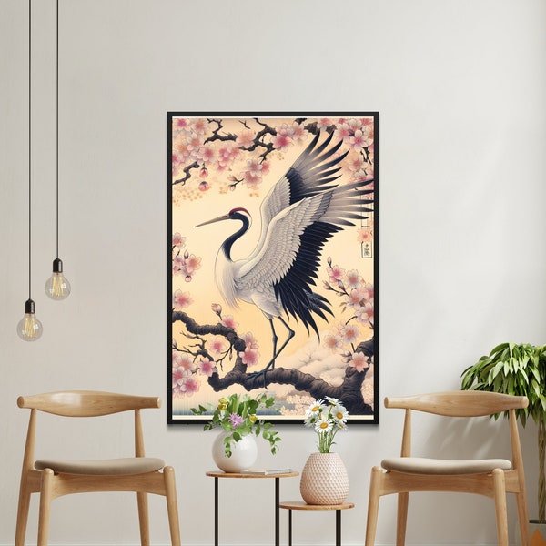 Traditional Japanese Crane Art, Sakura Cherry Blossoms, Japandi Style Digital Print, Asian Wall Decor, Instant Download Home Decoration