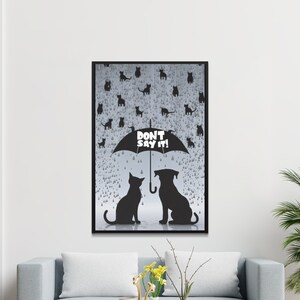 Cat and Dog Silhouette Wall Art, Whimsical Pet Design, Rainy Day Illustration, Cute Animal Print, Fun Digital Art, Quirky Home Decor image 3