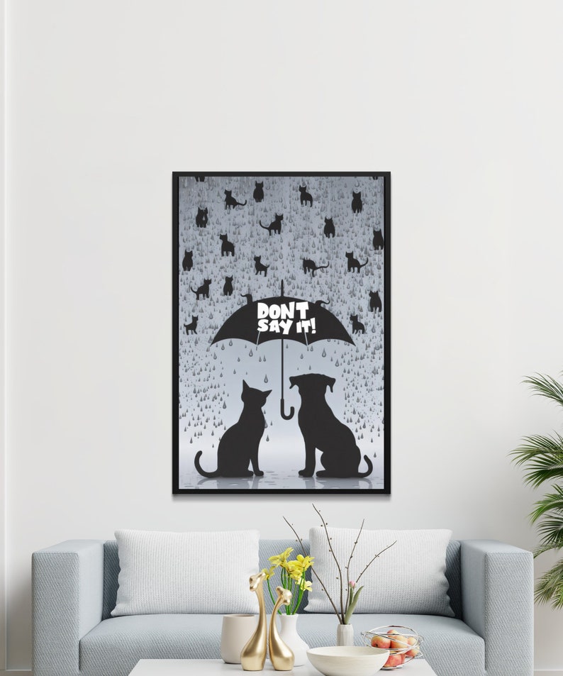Cat and Dog Silhouette Wall Art, Whimsical Pet Design, Rainy Day Illustration, Cute Animal Print, Fun Digital Art, Quirky Home Decor image 3