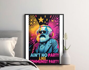 Karl Marx as DJ Poster, eclectic colors design, man of history, best DJ for party retro painting