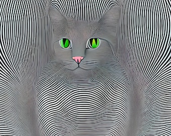 Cat optical illusion, cat print, DIGITAL DOWNLOAD, style Victor Vasarely, black and white cat print