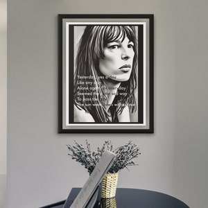 Charcoal drawing Jane Birkin with lyrics of song, DIGITAL DOWNLOAD, Yesterday yes a day, french songs,