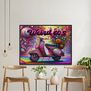 Könnte beinhalten: Gerahmter Kunstdruck mit einem psychedelischen Roller mit Blumenkorb und dem Text "Weird & 60's". Das Kunstwerk zeigt einen Retro-Stil mit einem Regenbogen von Farben. Der Roller und der Hintergrund sind farbenfroh gestaltet.