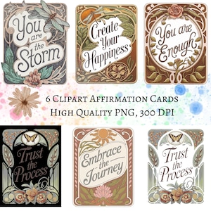 Conjunto de tarjetas de afirmación digital Art Déco, 6 impresiones motivacionales inspiradoras, imágenes prediseñadas PNG para arte de pared, diario, álbum de recortes