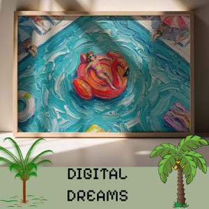 Könnte beinhalten: Gerahmter Kunstdruck zeigt eine Poolszene. Eine Person mit Sonnenbrille entspannt sich auf einem Flamingo-Schwimmer in türkisfarbenem Wasser. Weitere Figuren und Schwimmer sind sichtbar. Der Text "DIGITAL DREAMS" befindet sich unten.