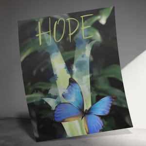 Blue Butterfly Wall Art, Hope Quote Digital Download, Nature Inspired Wall Decor, Digital Wall Art, Resizable, JPEG