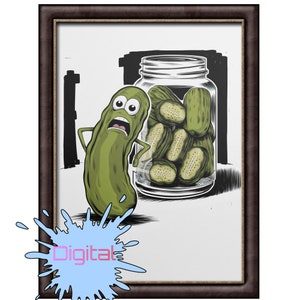 Cartoon Pickle and Pickles Jar Digital Art, Funny Pickle Character Illustration, Quirky Kitchen Wall Decor, Instant Download JPEG