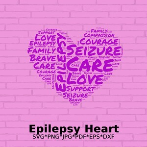 Könnte beinhalten: Lilafarbener herzförmiger Wortwolke mit den Wörtern "love", "care", "support", "courage", "family", "seizure", "epilepsy" und "brave" auf einem rosa Ziegelhintergrund. Der Text "Epilepsy Heart" befindet sich unter dem Herzen.