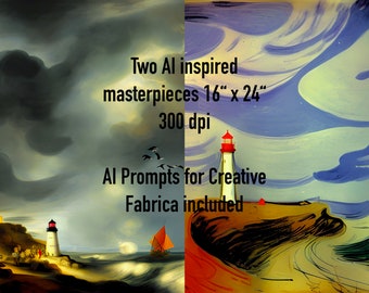 Lighthouse Gouache Painting, Digital Download, AI inspired, with AI Prompts for Creative Fabrica