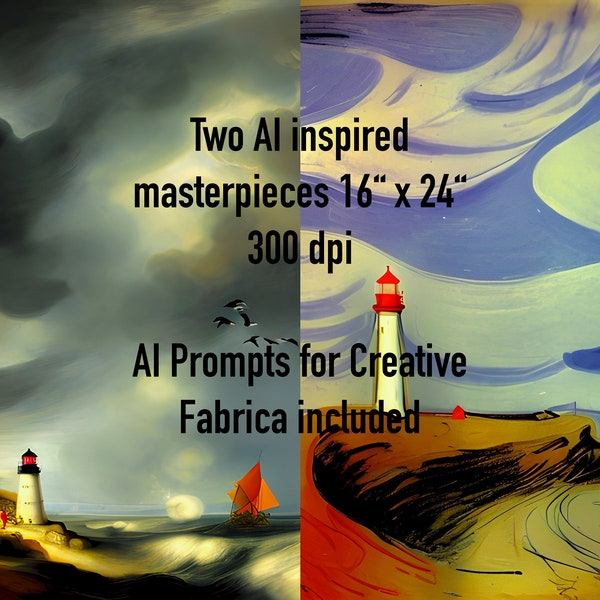 Lighthouse Gouache Painting, Digital Download, AI inspired, with AI Prompts for Creative Fabrica