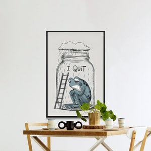 Könnte beinhalten: Eine Schwarzweißillustration eines Frosches, der in einem Glasgefäß mit einer Leiter sitzt. Regen fällt von einer Wolke über dem Gefäß. Der Text "I QUIT" steht auf dem Gefäß.