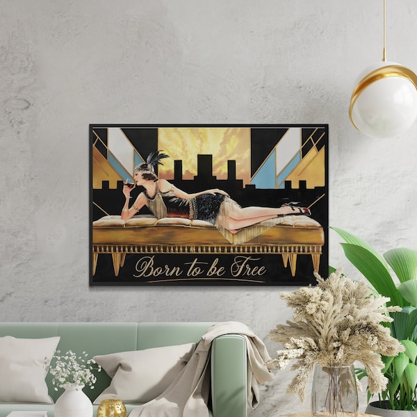 1920s Feminist Art Deco Wall Art, Vintage Inspired Digital Poster, Born to be Free Print, Roaring Twenties Flapper Decor