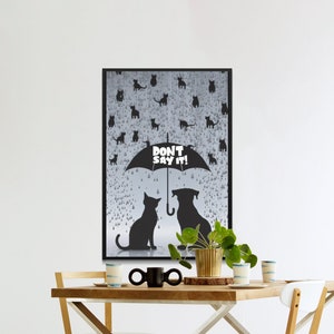 Cat and Dog Silhouette Wall Art, Whimsical Pet Design, Rainy Day Illustration, Cute Animal Print, Fun Digital Art, Quirky Home Decor image 7