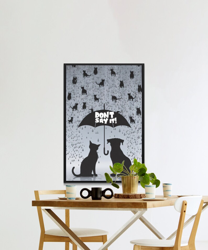 Cat and Dog Silhouette Wall Art, Whimsical Pet Design, Rainy Day Illustration, Cute Animal Print, Fun Digital Art, Quirky Home Decor image 7
