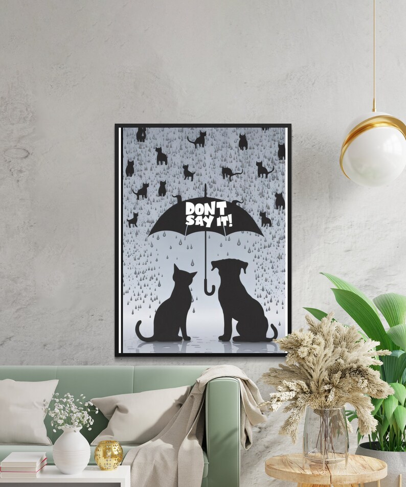 Cat and Dog Silhouette Wall Art, Whimsical Pet Design, Rainy Day Illustration, Cute Animal Print, Fun Digital Art, Quirky Home Decor image 8