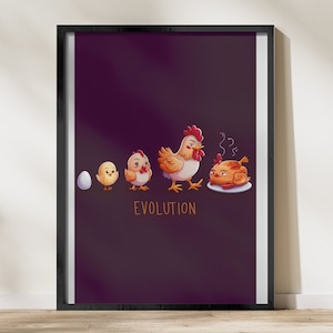 May include: A humorous illustration depicting the evolution of a chicken, starting with an egg and ending with a roasted chicken on a plate. The text "EVOLUTION" is written below the image.
