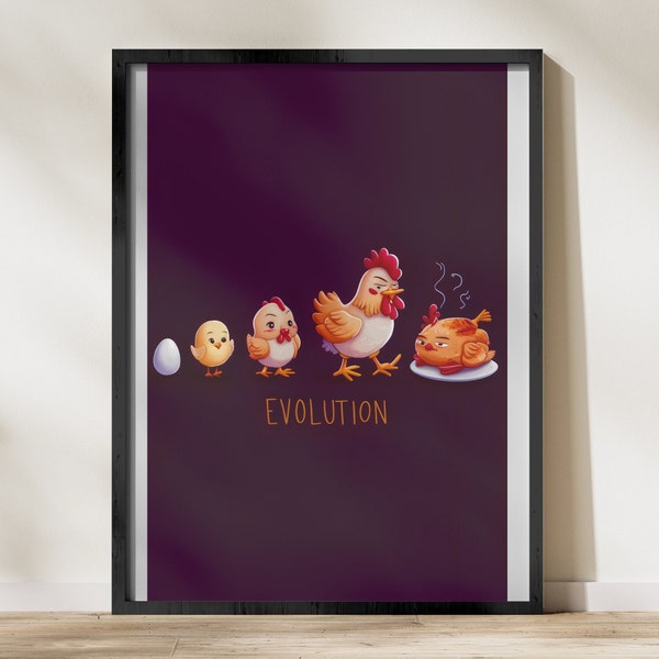 Evolution Chicken Family Digital Art, Cute Egg to Rooster Life Cycle Illustration, Humorous Wall Art Download