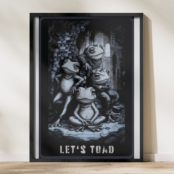 Quirky Frogs Illustration Wall Art, Let's Toad Gothic Style Digital Print, Monochrome Amphibian Poster, Unique Home Decor Download