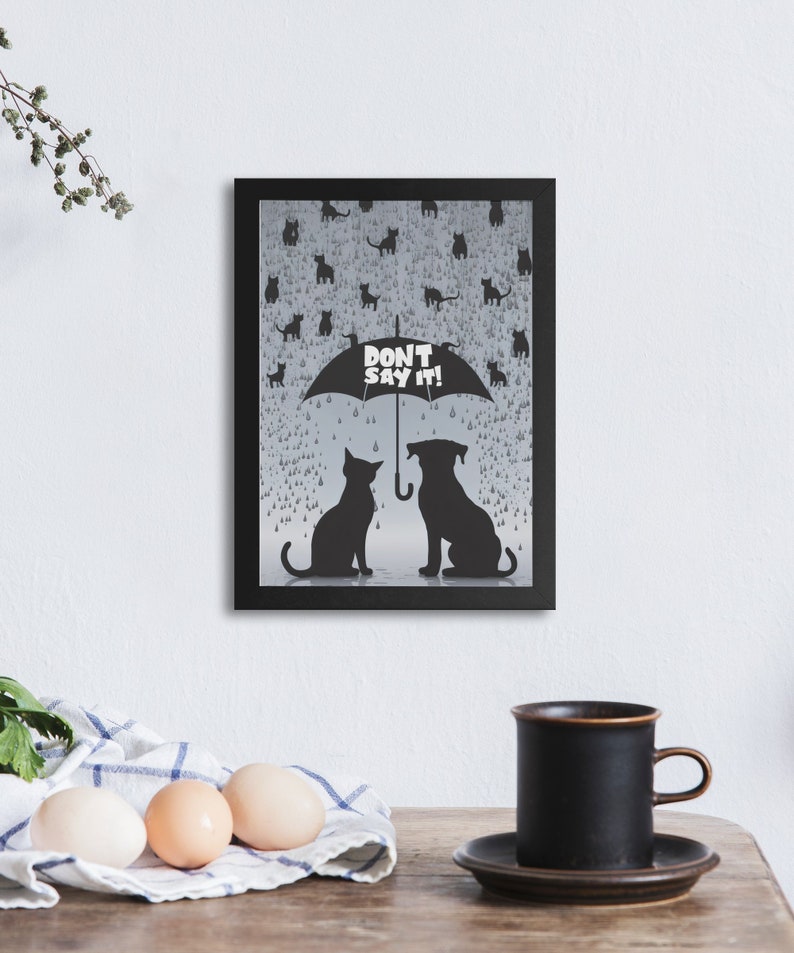 Cat and Dog Silhouette Wall Art, Whimsical Pet Design, Rainy Day Illustration, Cute Animal Print, Fun Digital Art, Quirky Home Decor image 4