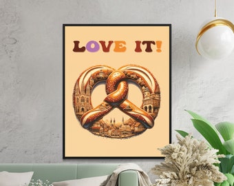 Arte arquitectónico de pretzel bávaro, intrincado diseño de monumento alemán, impresión de decoración de cocina, impresión digital