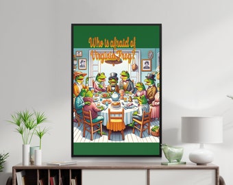 Whimsical Virginia Woolf Frog Dinner Party Wall Art, Theatrical Frogs Scene Print, Unique Amphibian Illustration, Quirky Home Decor