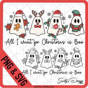 Puede incluir: Una descarga digital de un diseño navideño con cinco fantasmas vestidos con atuendos festivos. Los fantasmas llevan gorros de Papá Noel, cuernos de reno, gorros de elfo y bufandas. El texto "All I want for Christmas is Boo" está escrito en letra cursiva negra.
