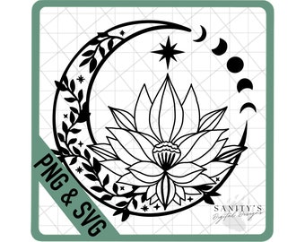 May include: Black and white digital design featuring a crescent moon with floral accents, a star, and phases of the moon. A lotus flower is centered within the moon. The text "PNG & SVG" is included.