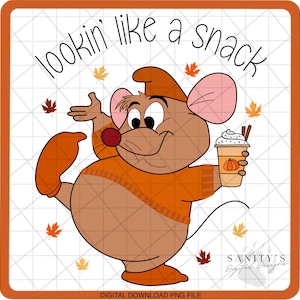 May include: A cartoon mouse wearing a brown sweater and holding a cup of pumpkin spice latte. The mouse is standing on a white background with fall leaves and the text "lookin' like a snack".