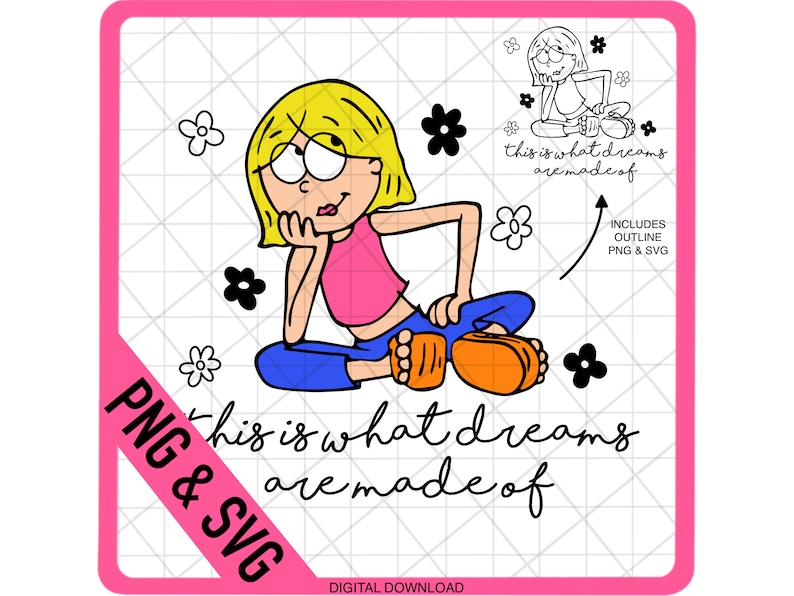 K&ouml;nnte beinhalten: Eine digitale Illustration eines M&auml;dchens mit blonden Haaren, das mit gekreuzten Beinen sitzt. Sie tr&auml;gt ein rosa Tanktop und eine blaue Jeans. Der Text "This is what dreams are made of" ist in Schwarz unter ihr geschrieben. Das Bild befindet sich auf einem rosa und wei&szlig;en karierten Hintergrund.