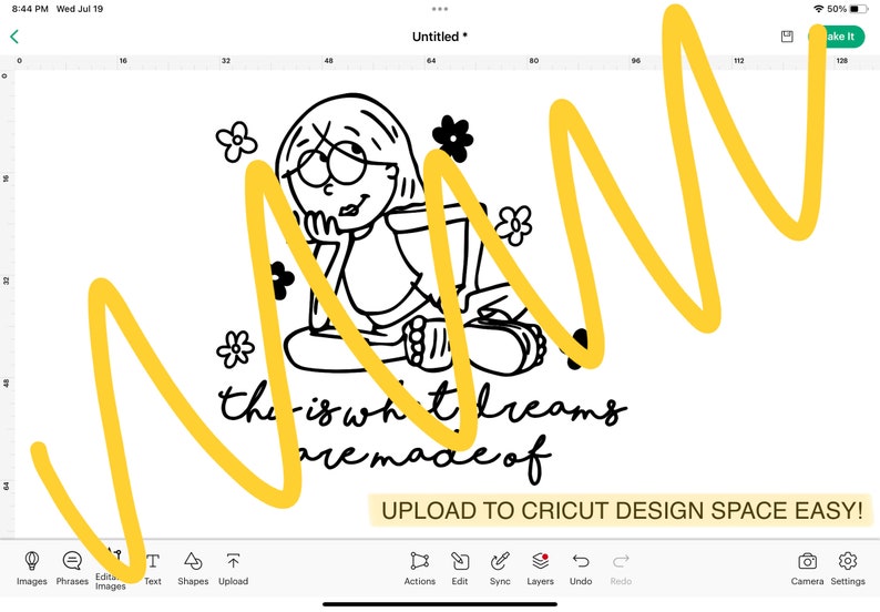 K&ouml;nnte beinhalten: Schwarz-wei&szlig;-Zeichnung einer sitzenden, mit gekreuzten Beinen nachdenkenden  M&auml;dchens. Sie ist von Blumen umgeben. Der Text "this is what dreams are made of" steht unter ihr. Das Bild ist mit einer gelben, geschwungenen Linie hervorgehoben.