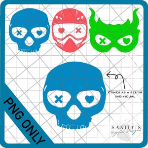 Puede incluir: Un diseño digital con cuatro gráficos de calaveras en azul, rojo y verde. Cada calavera tiene diseños de ojos únicos, incluyendo corazones y cruces. También se incluye el texto "PNG ONLY" y "COMES AS A SET OR INDIVIDUAL".