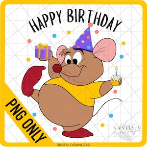 Puede incluir: Un ratón de dibujos animados con un gorro de fiesta morado y azul sostiene una caja de regalo y un cupcake. El ratón es marrón con una camisa amarilla y zapatos rojos. El fondo es blanco con un patrón de cuadrícula y el texto "Happy Birthday" en negro.