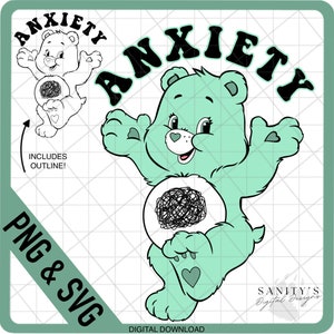 May include: A green Care Bear with a tangled ball of yarn in its belly and the word "ANXIETY" in black letters above it. The Care Bear is smiling and has a heart on its chest. The image includes an outline of the Care Bear.