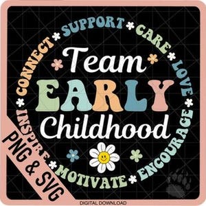 Könnte beinhalten: Eine schwarz-weiße digitale Download-Grafik mit einem Kreisdesign. Der Kreis enthält die Worte "Team Early Childhood" in der Mitte. Die Worte "Connect, Support, Care, Love, Inspire, Motivate, Encourage" sind in einem Kreis um den Mitteltext angeordnet.