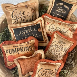 May include: A collection of seven small, rectangular fabric pillows with frayed edges, featuring printed text and autumn-themed graphics. The pillows display phrases like Give Thanks, Bless, Gather Together, Grateful, Farm-Fresh Pumpkins, and Gather Round.