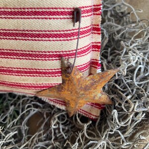 Puede incluir: Primer plano de un adorno met&aacute;lico en forma de estrella oxidada, con acabado naranja. La estrella est&aacute; sujeta a una tela crema con rayas rojas con un imperdible. El fondo presenta material vegetal seco, de tono gris, creando un ambiente vintage.