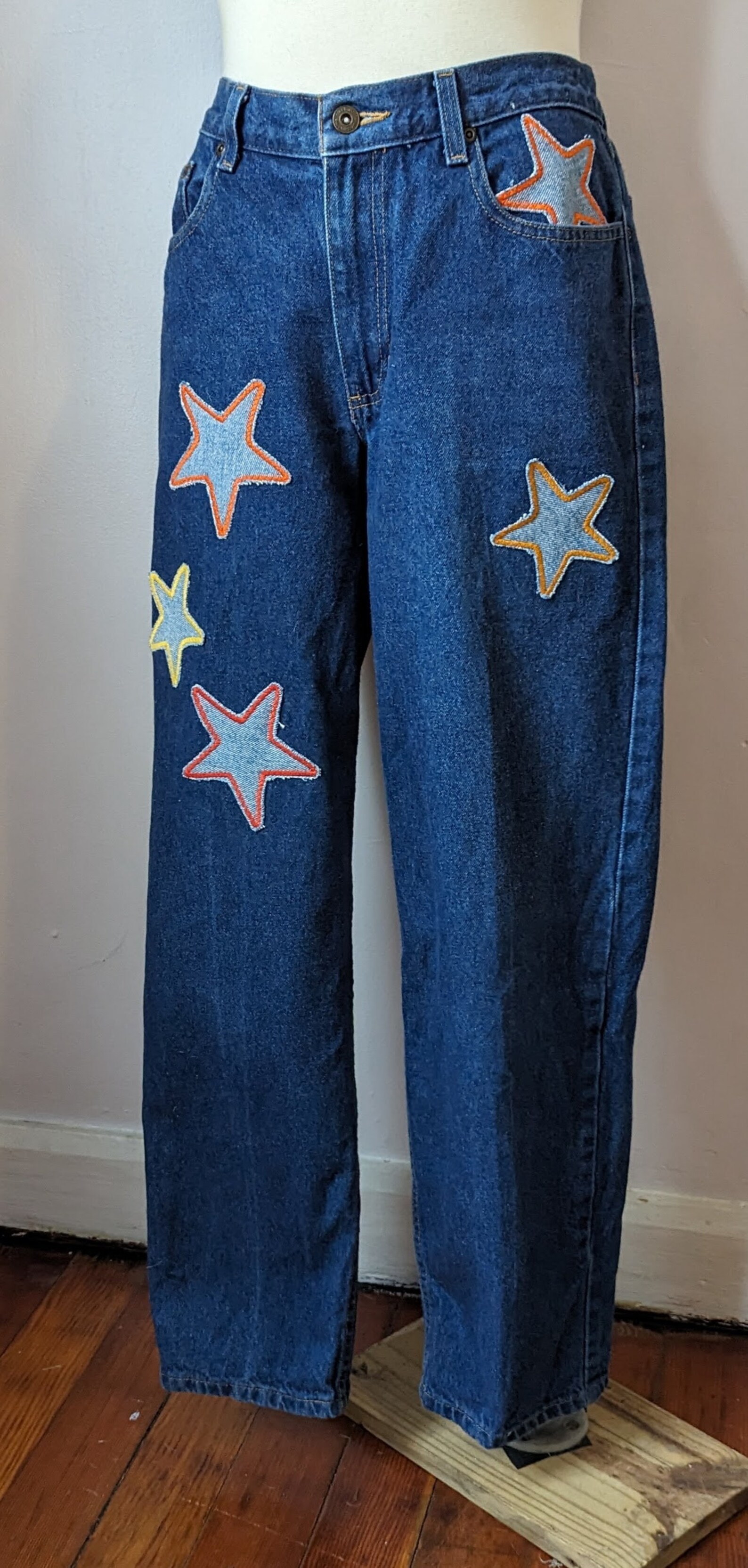 PU LEATHER STAR PATCHED JEANS