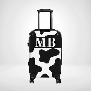 Cow Print Hard Shell Suitcase Luggage, Modern Bespoke Travel Suitcase For Her, Custom Initial Case, Cute Personalised Gift Flight Travel Bag