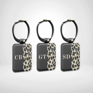 Chic Leopard Print Personalised Leather Luggage Tag with Custom Initials & Contact Information, Airport Identity Tag Suitcase ID Travel Gift