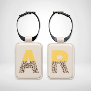 Yellow Leopard Print Custom Initial or Letter Leather Luggage Tag, Personalised Luggage Bag Tag, Travel Suitcase ID Name Identity Label Gift