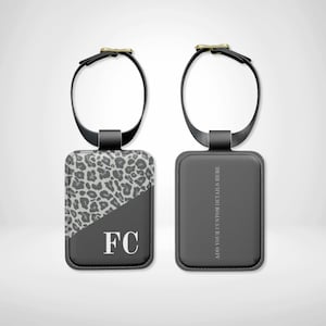 Grey Leopard Print Personalised Leather Luggage Tag with Custom Initials & Contact Information Airport Identity Bag Tag ID Label Travel Gift