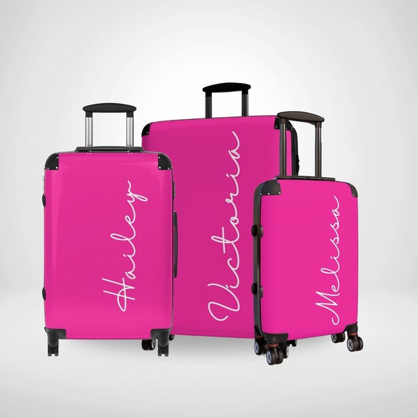Hot Pink Personalized Name Minimalist Suitcase, Custom Luggage For Women, Bespoke Travelling Case Set, Customized Travel Luggage Bag Gift