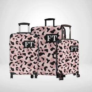 Pink Leopard Print Personalised Suitcase, Modern Animal Print Luggage, Bespoke Monogram Holiday Travelling Case, Woman Travel Gift For Her